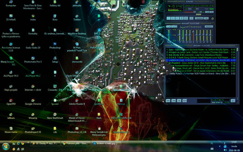 Windows desktop with Winamp player