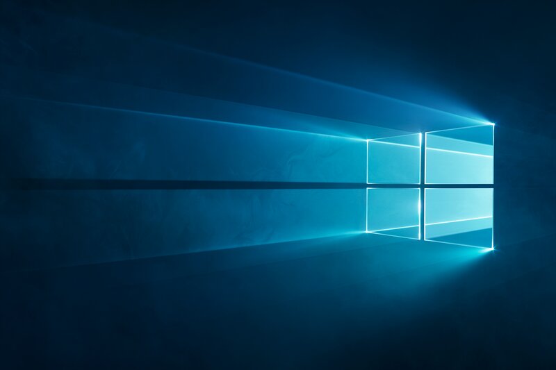 Windows Logo on Dark Background — Blue, Dramatic, Digital Art, Light Beams, Glowing Lines
