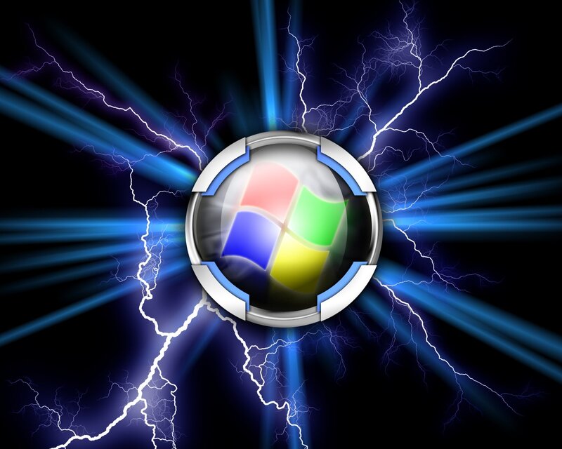 Windows Logo with Lightning — Black, Dramatic, Digital Art, Blue Rays