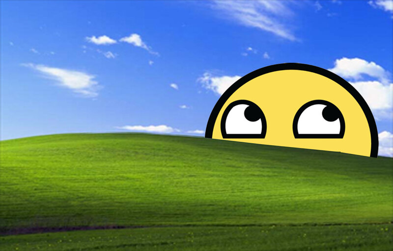 Windows XP default wallpaper with meme face