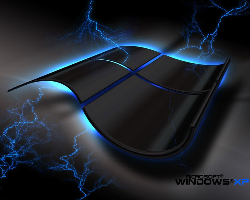 Windows XP Logo — Black, Dramatic, Digital Art, Lightning, Blue Glow, Blue