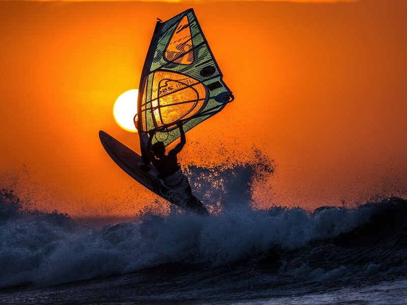 Windsurfer at Sunset — Orange, Dramatic, Photograph, Sail