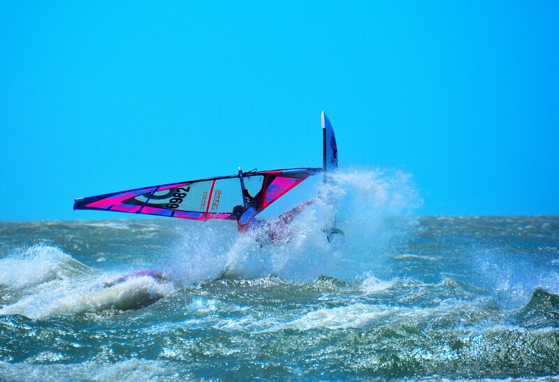 Windsurfer in Action — Blue, Dynamic, Afternoon, Photograph, Sail, Board