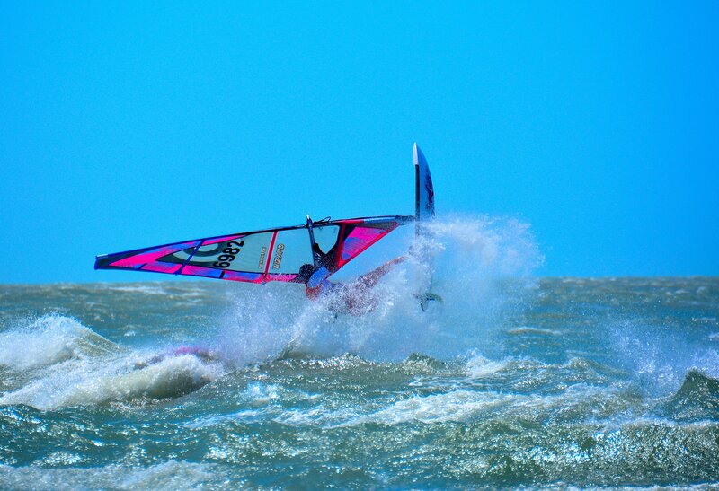 Windsurfer in Action — Blue, Dynamic, Afternoon, Photograph, Sail