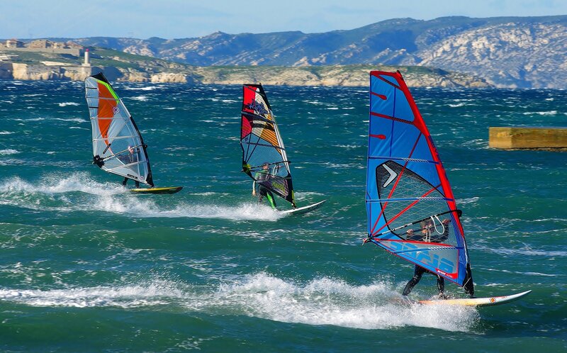 Windsurfers on Ocean — Blue, Active, Afternoon