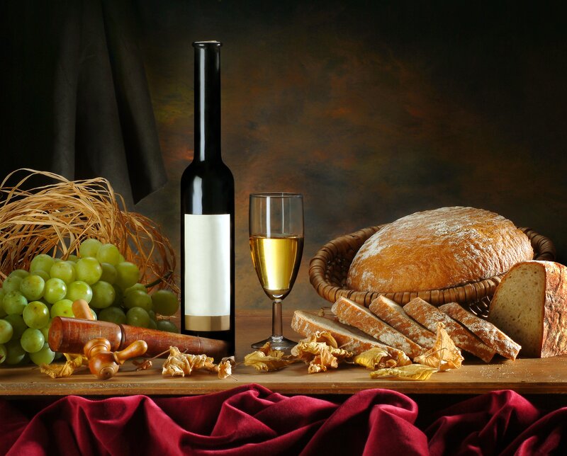 Wine and Bread Still Life — Brown