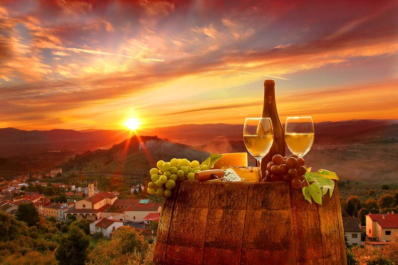 Wine and Cheese on Barrel — Orange, Dramatic