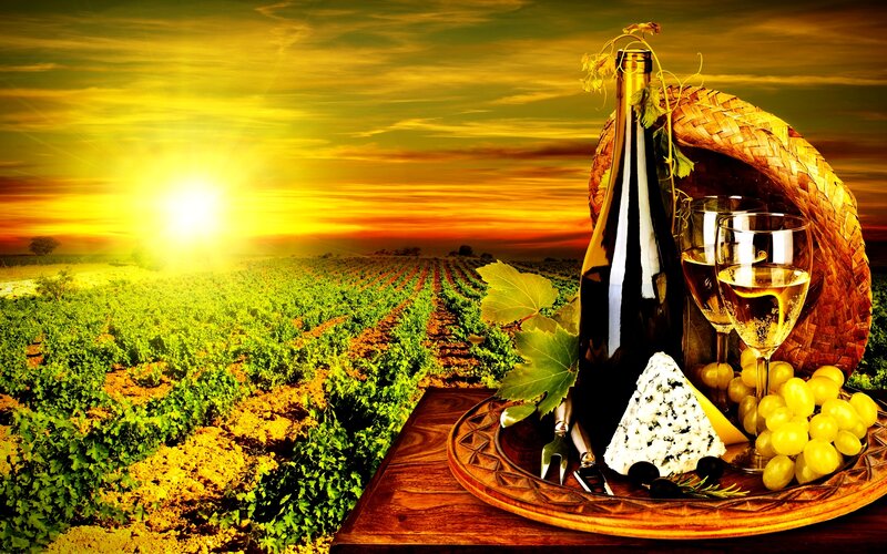Wine and Cheese on Table — Yellow