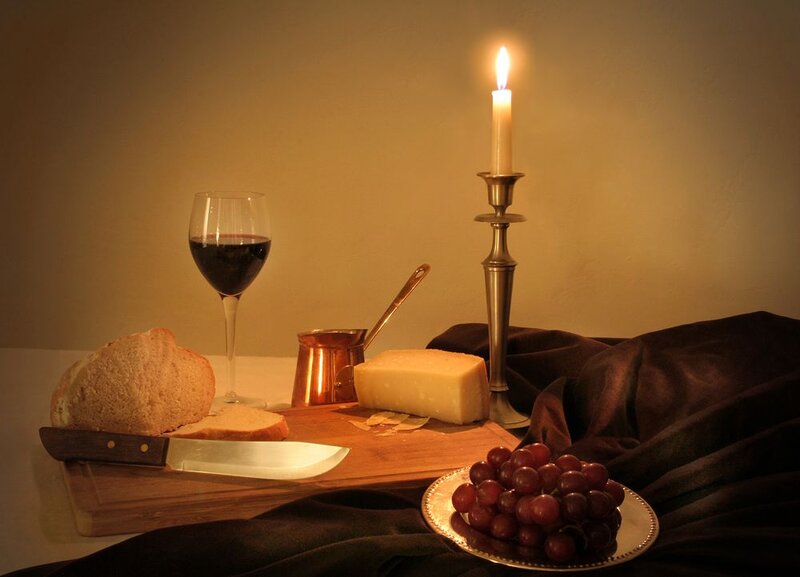 Wine and Cheese Platter — Brown, Dramatic, Night