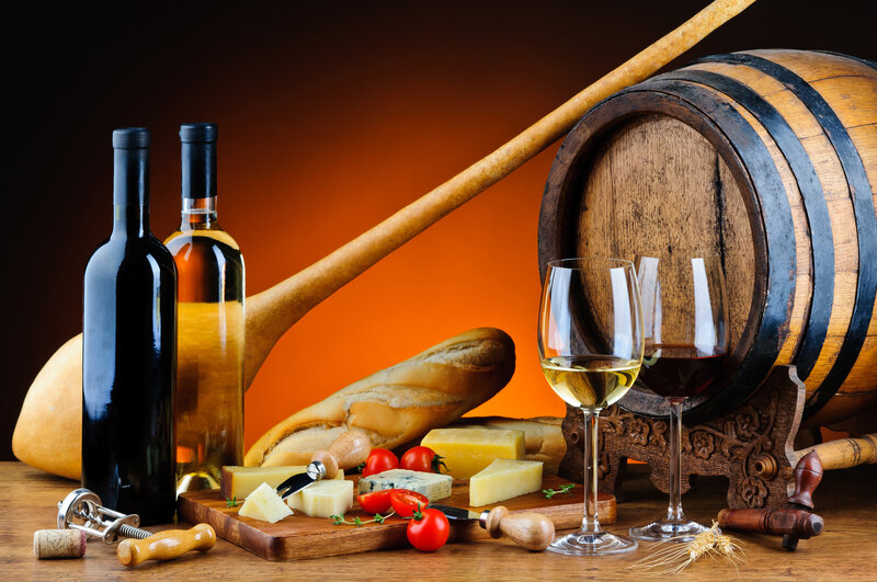 Wine and Cheese Platter — Brown, Dramatic, Photograph, Bottle