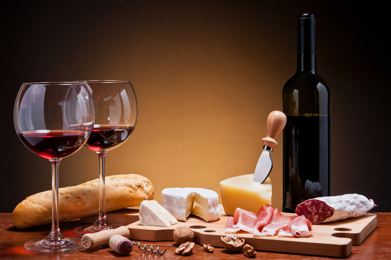Wine and Cheese Platter — Brown, Dramatic, Photograph, Bread, Nuts