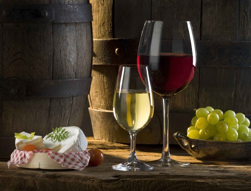 Wine and Cheese Platter — Brown, Dramatic, Photograph, Grapes, Barrel, Tomatoes