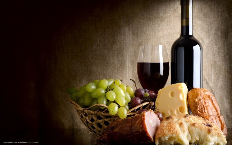 Wine and Cheese Platter — Brown, Dramatic, Photograph, Grapes, Bread, Ham