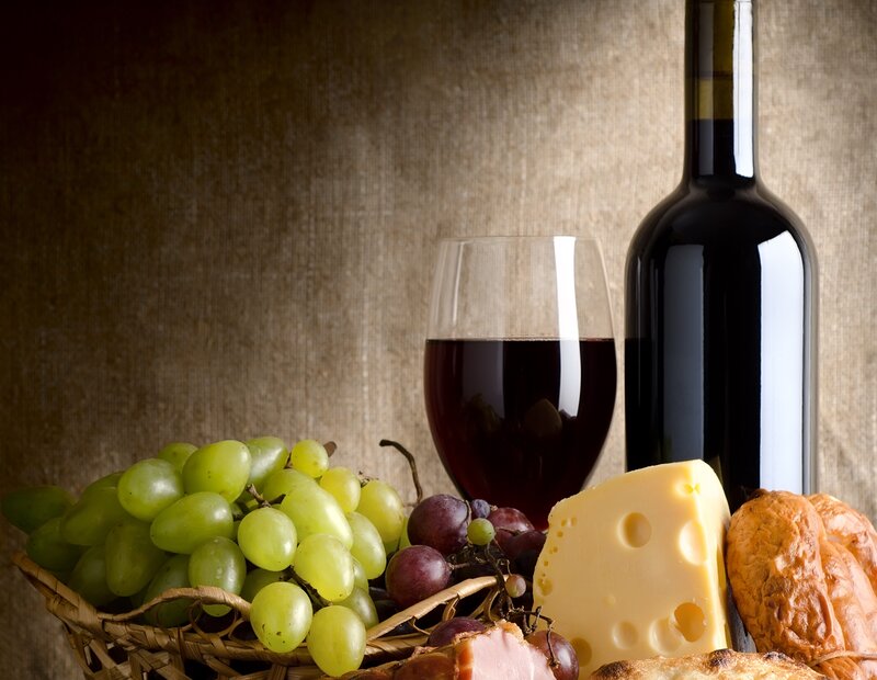 Wine and Cheese Platter — Brown, Dramatic, Photograph, Grapes, Bread