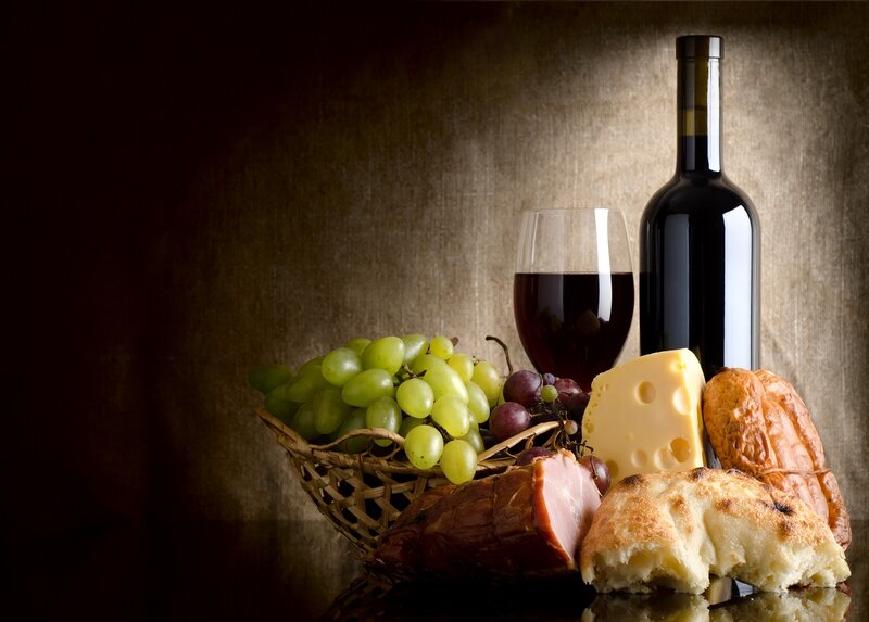 Wine and Cheese Platter — Brown, Dramatic, Photograph