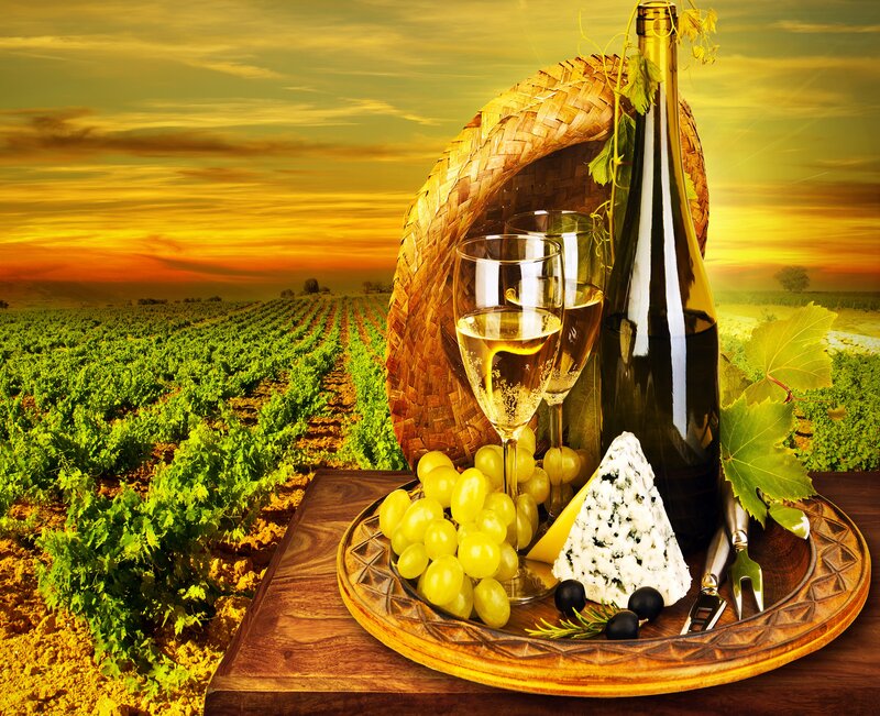 Wine and Cheese Platter — Yellow, Serene, Sunset, Photograph