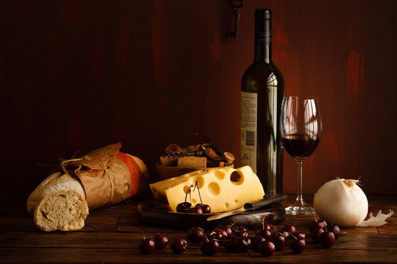 Wine and Cheese Still Life — Brown, Dramatic