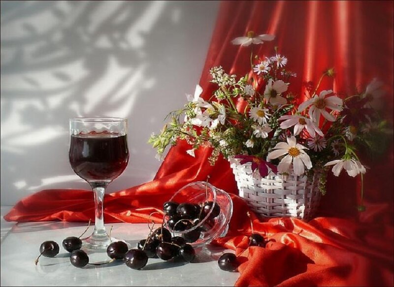 wine and cherries still life