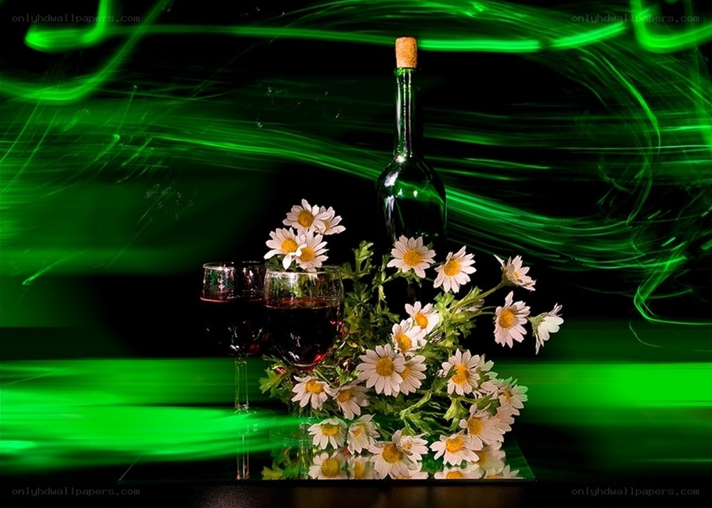 wine and daisies with green lights