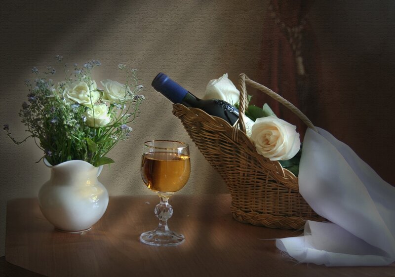Wine and Flowers on Table