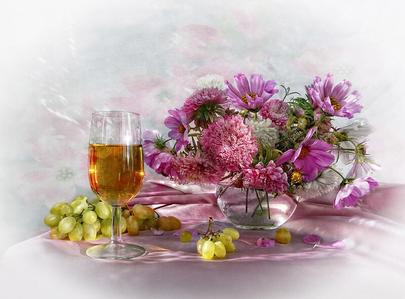 wine and flowers still life