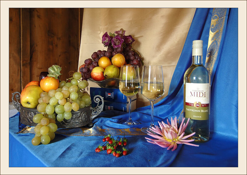 Wine and Fruit Still Life — Blue