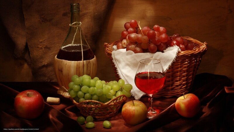 Wine and Fruit Still Life — Brown, Dramatic