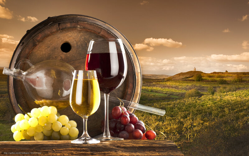 Wine and Grapes on Barrel — Brown