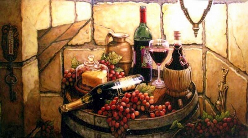Wine and Grapes on Barrel