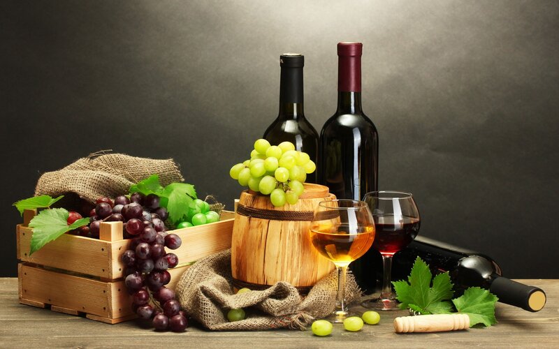 Wine and Grapes on Table — Brown, Dramatic
