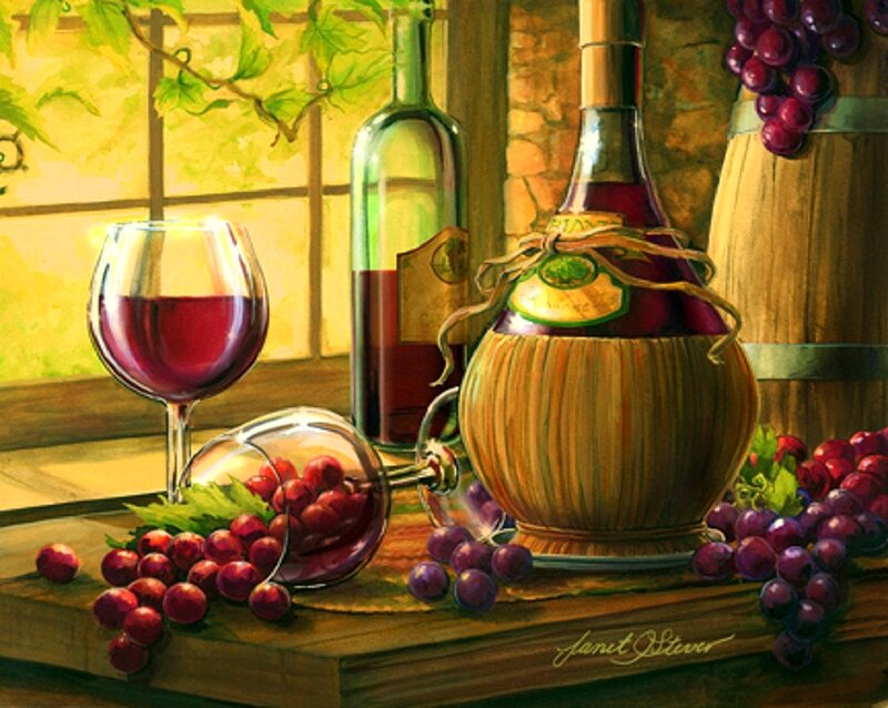Wine and Grapes on Table — Brown