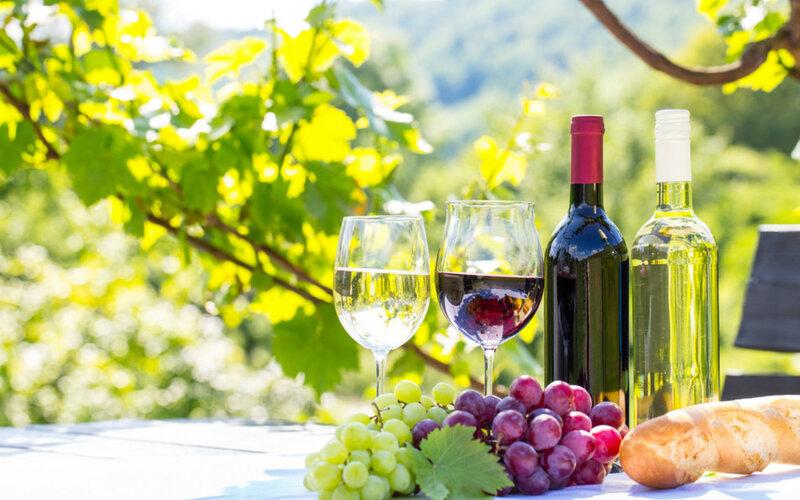 Wine and Grapes on Table — Green