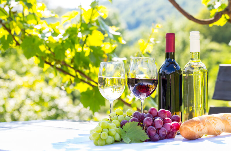 Wine and Grapes on Table