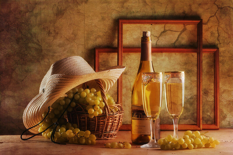 Wine and Grapes Still Life — Brown