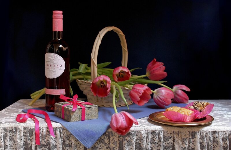 Wine and Tulips on Table