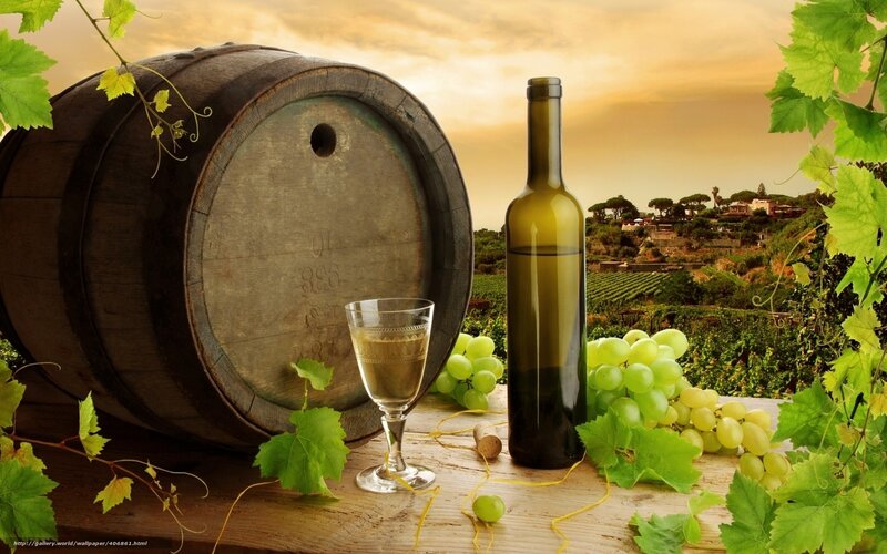 Wine Barrel and Grapes — Green, Serene, Sunset
