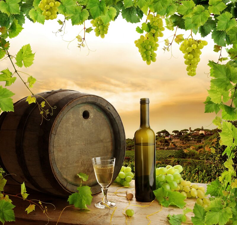 Wine Barrel and Grapes — Green