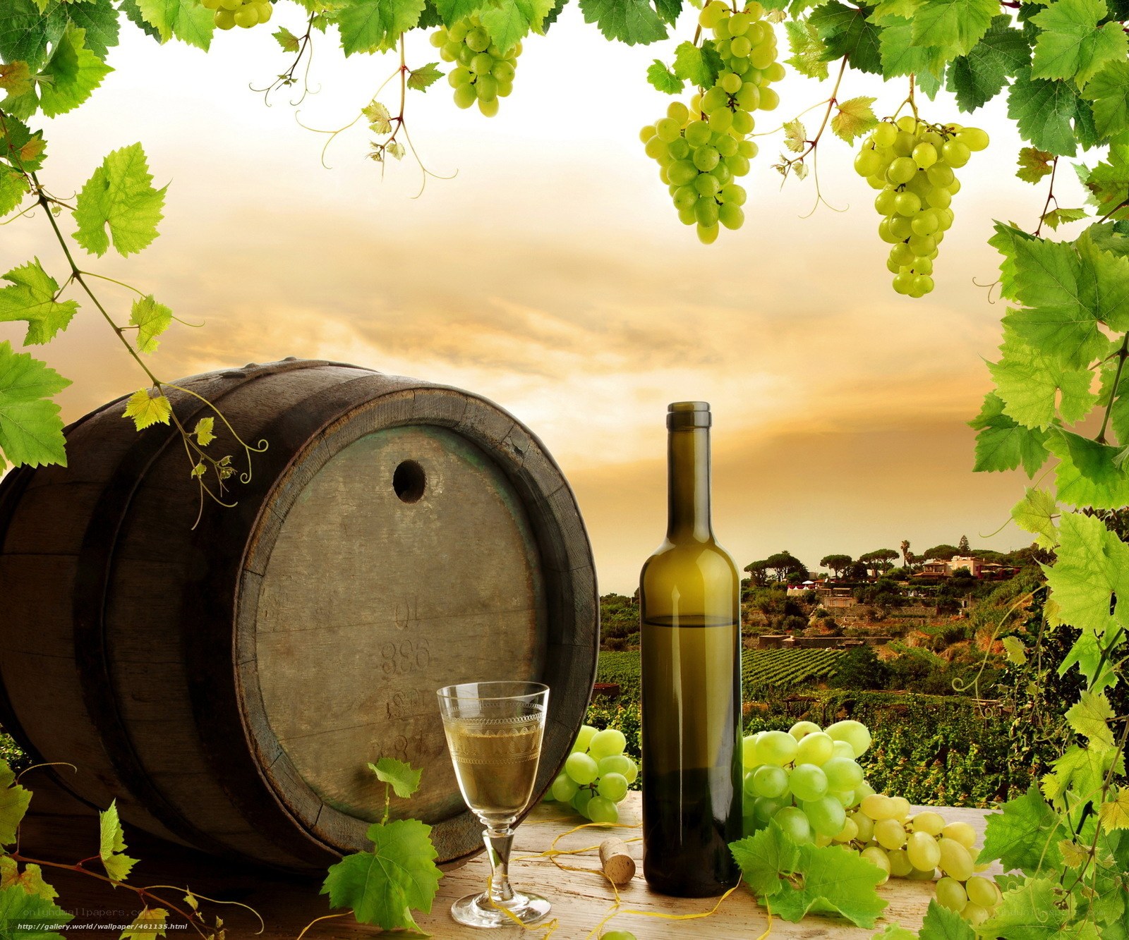 Wine barrel with grapes and bottle