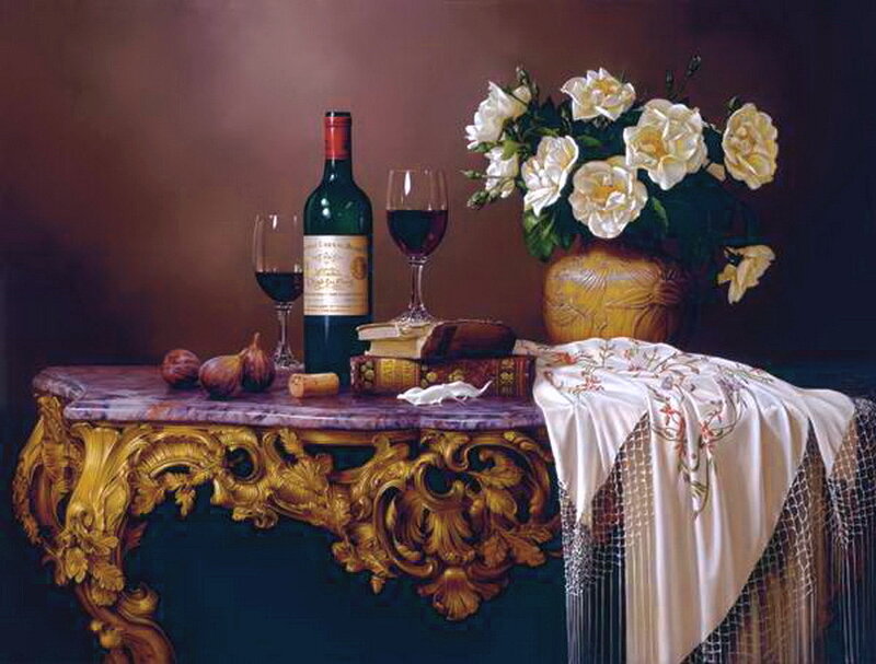 Wine Bottle and Flowers — Brown