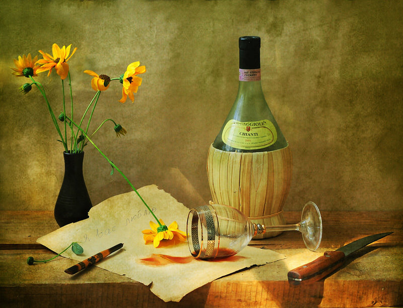 Wine Bottle and Flowers