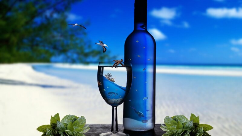 Wine Bottle and Glass — Blue, Serene, Afternoon, Digital Art, Seagulls