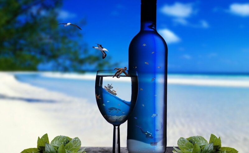 Wine Bottle and Glass — Blue, Serene, Afternoon