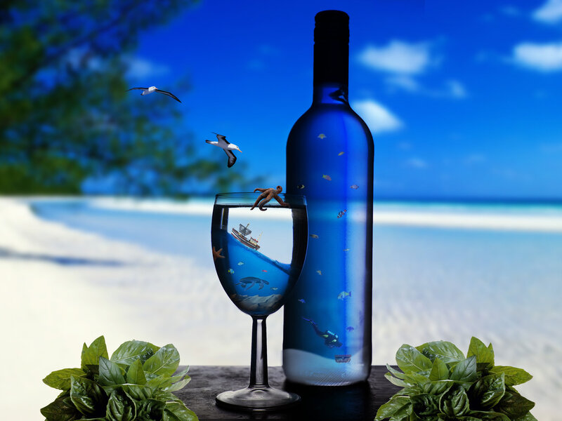 Wine Bottle and Glass — Blue, Serene