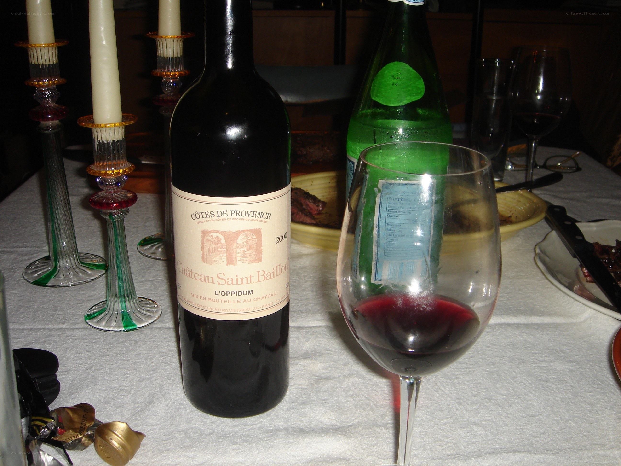 Wine bottle and glass on table