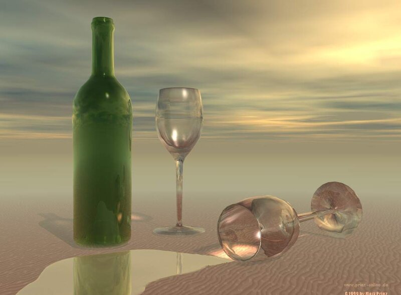 wine bottle and glasses on sand