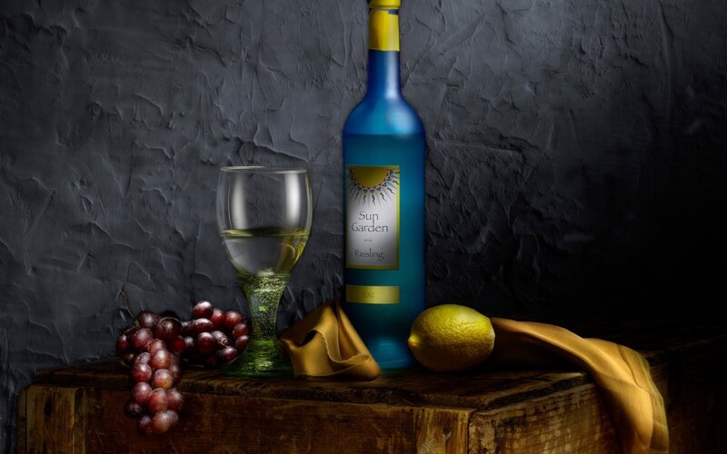 Wine Bottle and Grapes — Blue, Dramatic