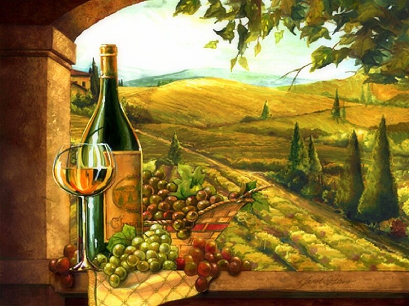 Wine Bottle and Grapes — Green, Serene