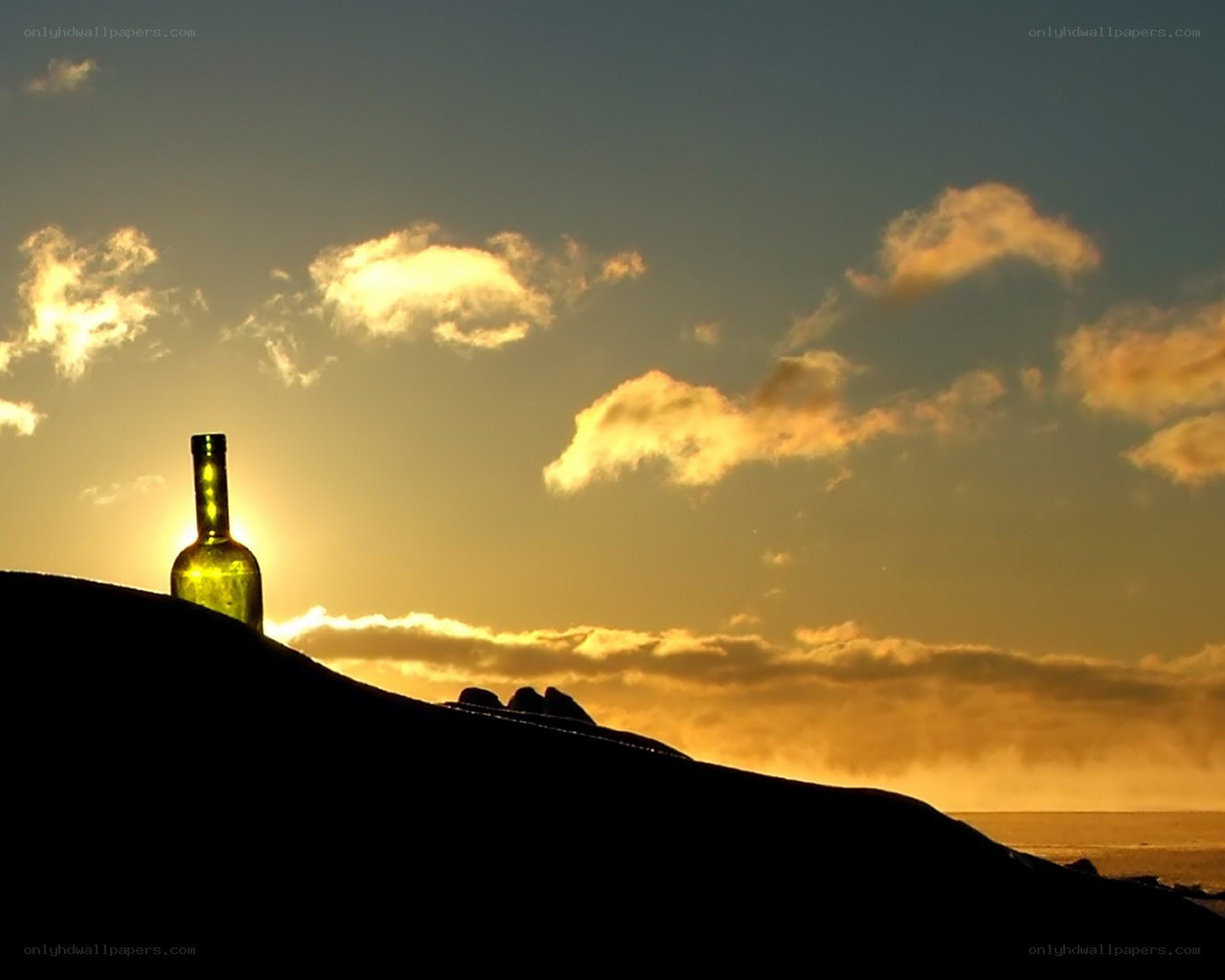 wine bottle at sunset