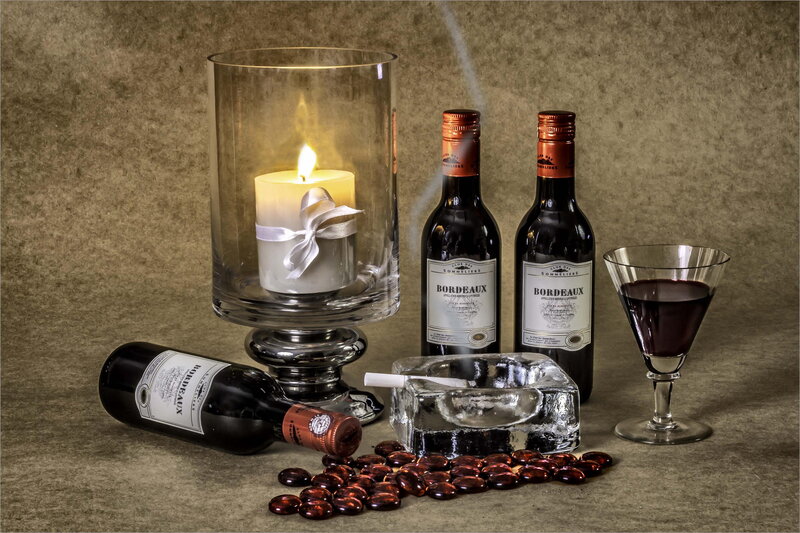 Wine Bottles and Candle — Brown