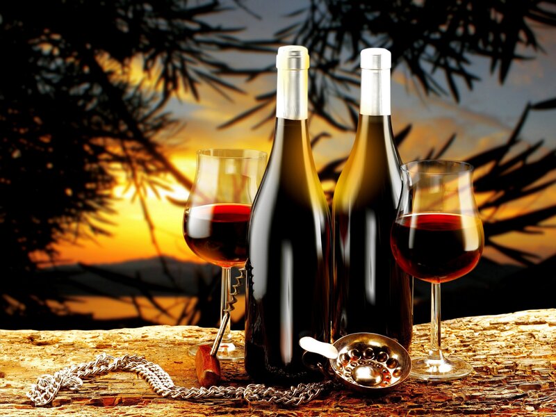 Wine Bottles and Glasses — Brown, Dramatic